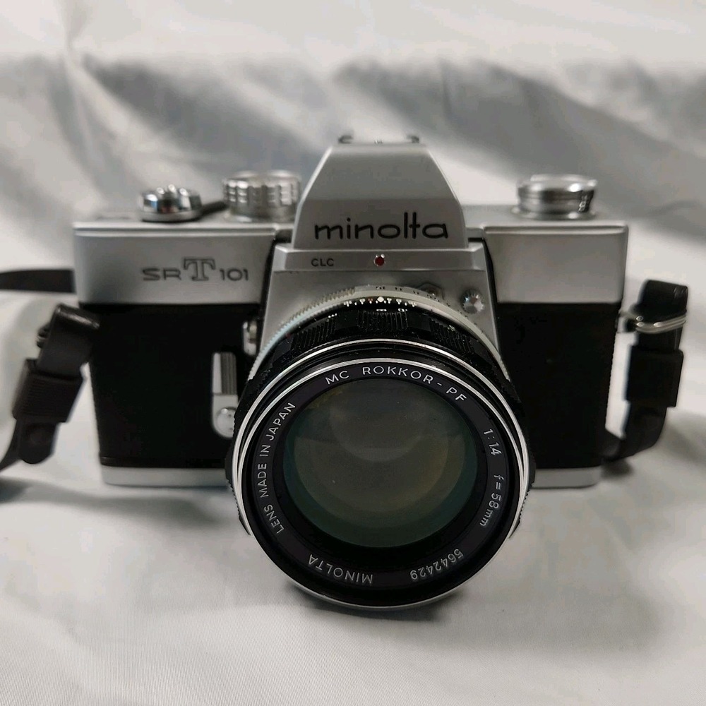 Minolta SRT-101 35mm SLR Film Camera with 55mm F1.4 MC Rokkor PF Len With Extras
